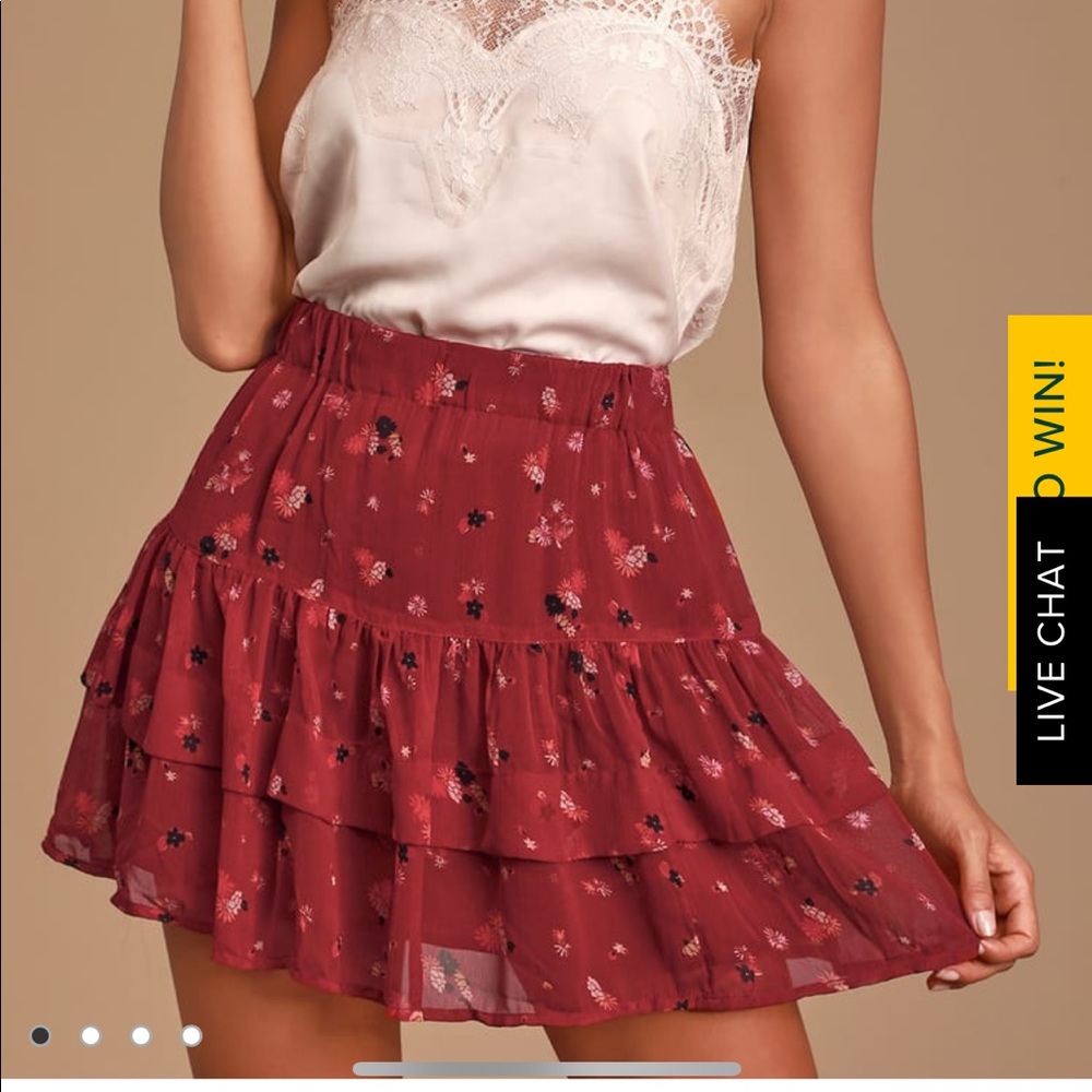 From the Valley Wine Red Floral Print Ruffle Mini Skirt